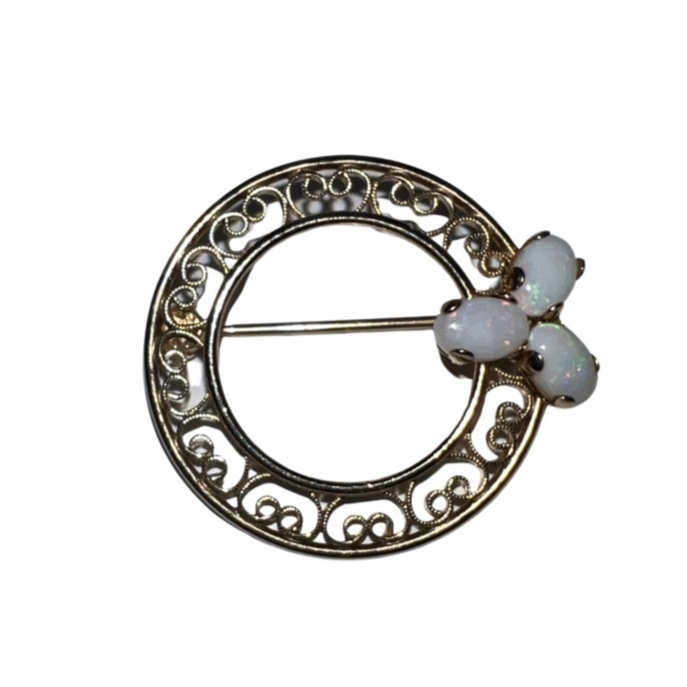 Vintage Opal Filigree Wreath Pin 14k Gold Filled
